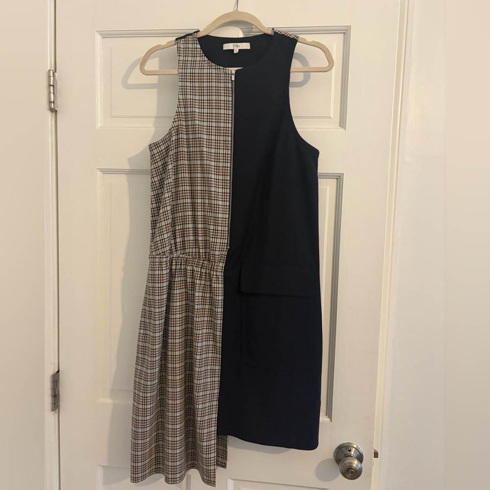 Tibi Black and Plaid Asymmetrical Dress, Size 6